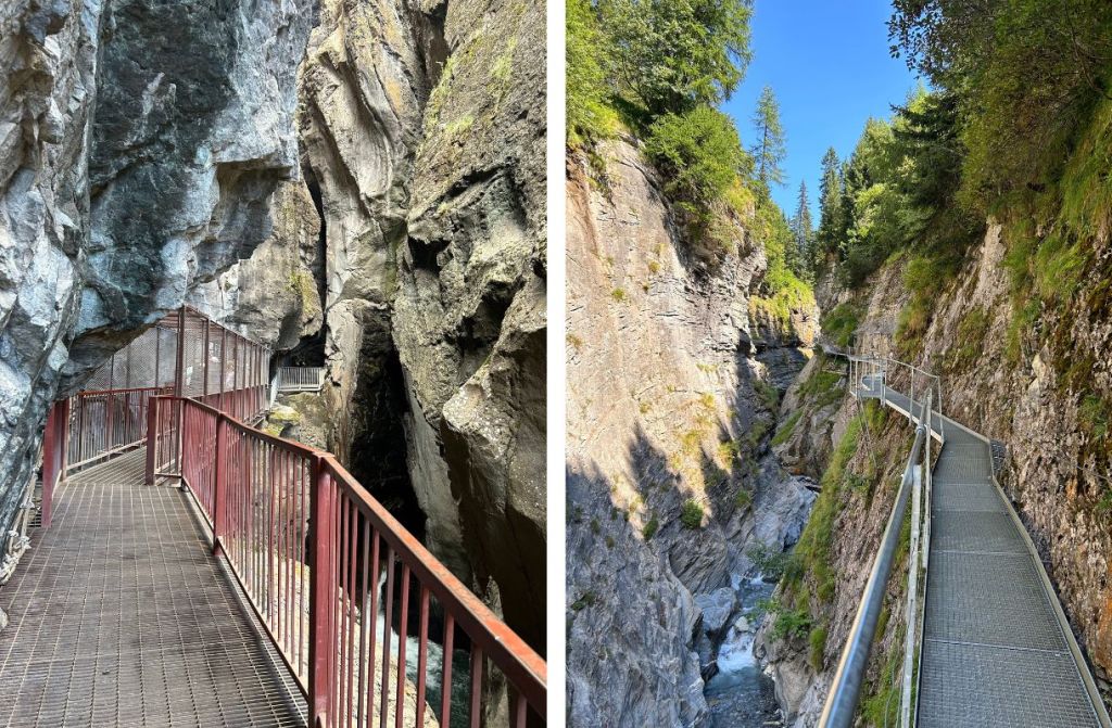 Side-by-side images of Box Cañon Falls in Ouray and the Thermal Canyon Walk in Leukerbad, which both feature suspended walkways