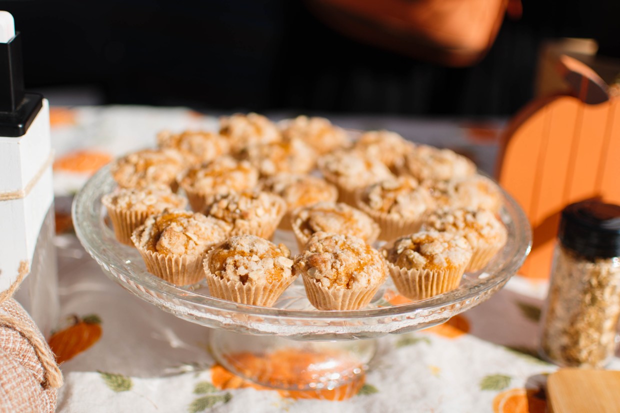 Bite-sized muffins displayed on a glass platter during Denver Bake Fest