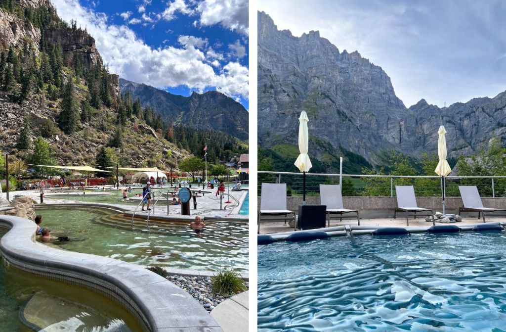 Side-by-side images of hot springs in Ouray and Leukerbad; both are backdropped by dramatic cliffs