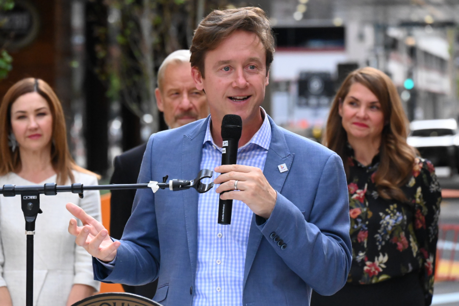 Denver mayor speaks on mic