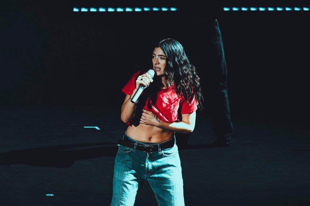 Lorde performing on stage at Red Rocks in Morrison, Colorado on Tuesday, October 14, 2025, for her Ultrasound World Tour.