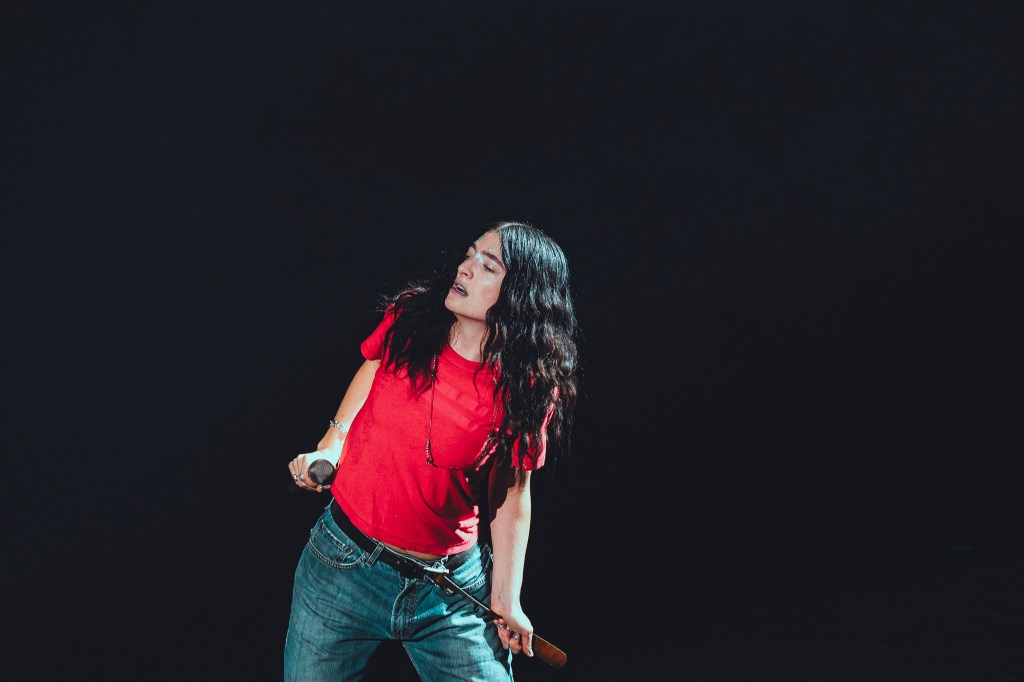 Lorde performing on stage at Red Rocks in Morrison, Colorado on Tuesday, October 14, 2025, for her Ultrasound World Tour.