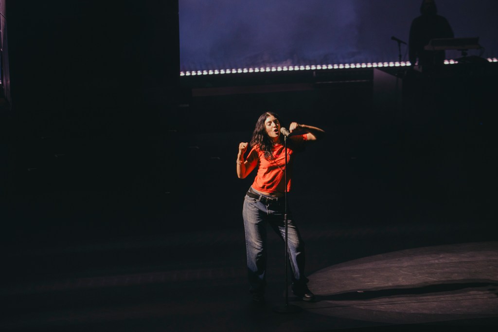 Lorde performing on stage at Red Rocks in Morrison, Colorado on Tuesday, October 14, 2025, for her Ultrasound World Tour.