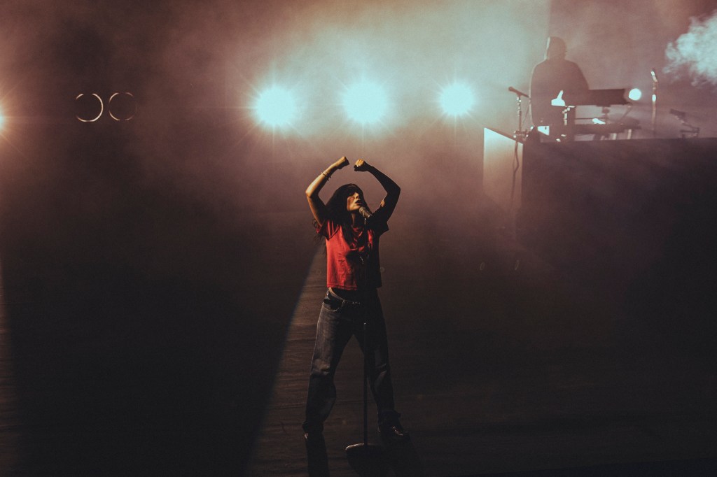 Lorde performing on stage at Red Rocks in Morrison, Colorado on Tuesday, October 14, 2025, for her Ultrasound World Tour.