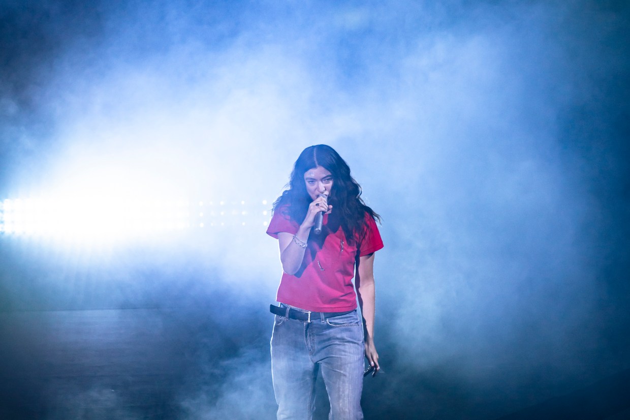 Lorde performing on stage at Red Rocks in Morrison, Colorado on Tuesday, October 14, 2025, for her Ultrasound World Tour.