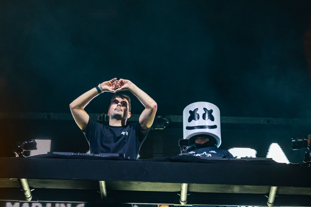 Martin Garrix and Marshmello perform together at Red Rocks in Morrison, Colorado on Thursday, October 23.
