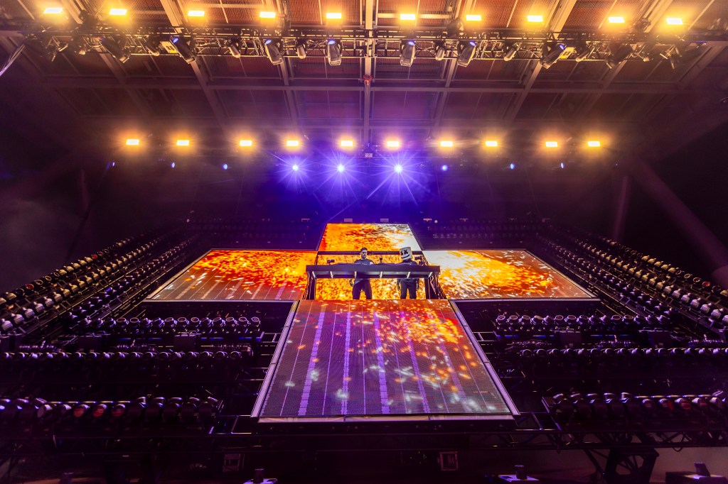 Martin Garrix and Marshmello perform together at Red Rocks in Morrison, Colorado on Thursday, October 23.