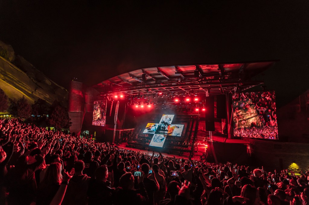 Martin Garrix and Marshmello perform together at Red Rocks in Morrison, Colorado on Thursday, October 23.