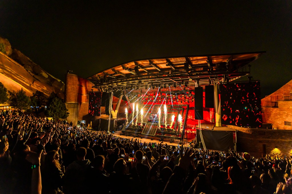 Martin Garrix and Marshmello perform together at Red Rocks in Morrison, Colorado on Thursday, October 23.