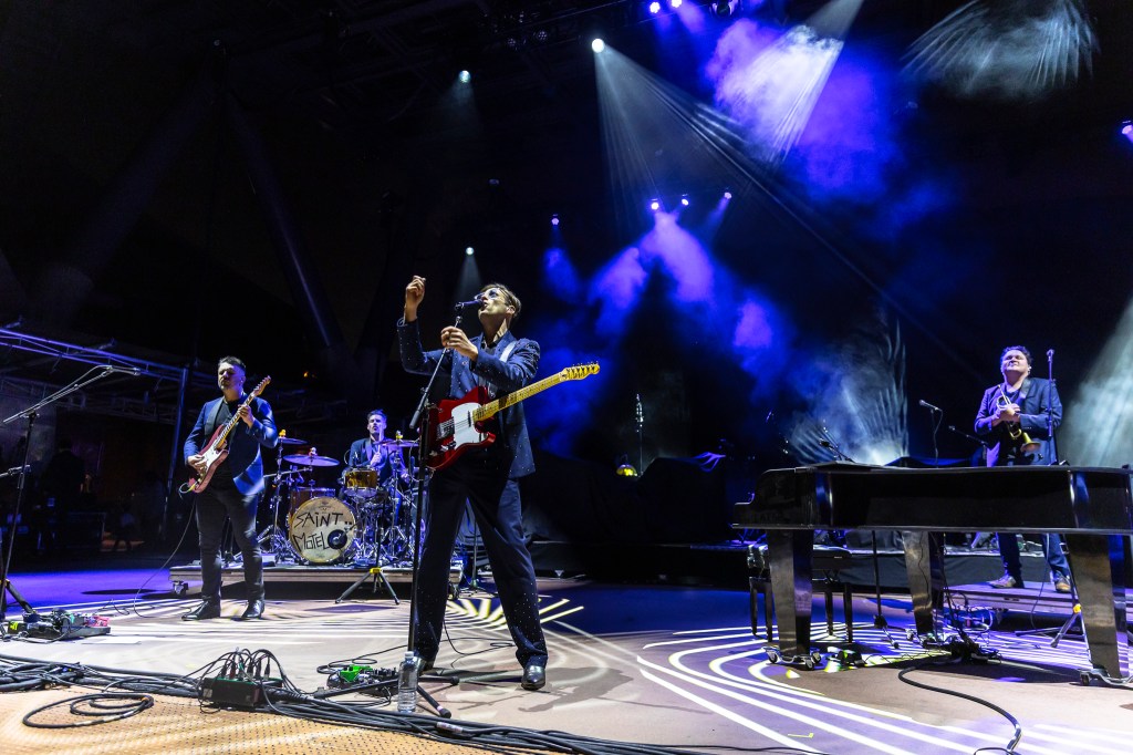 Saint Motel on stage at Red Rocks in Morrison, Colorado opening for Young The Giant.