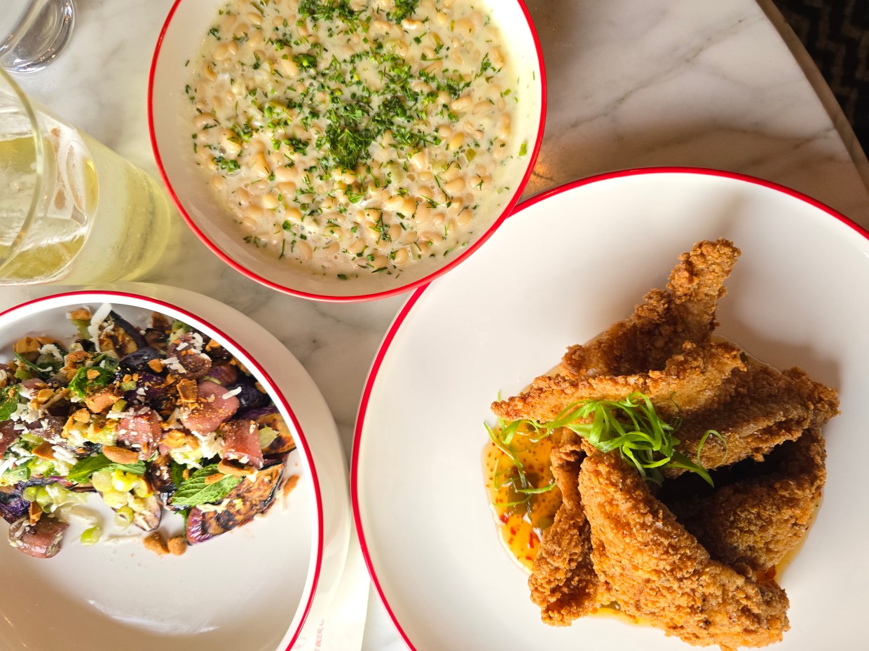 various food on white plates