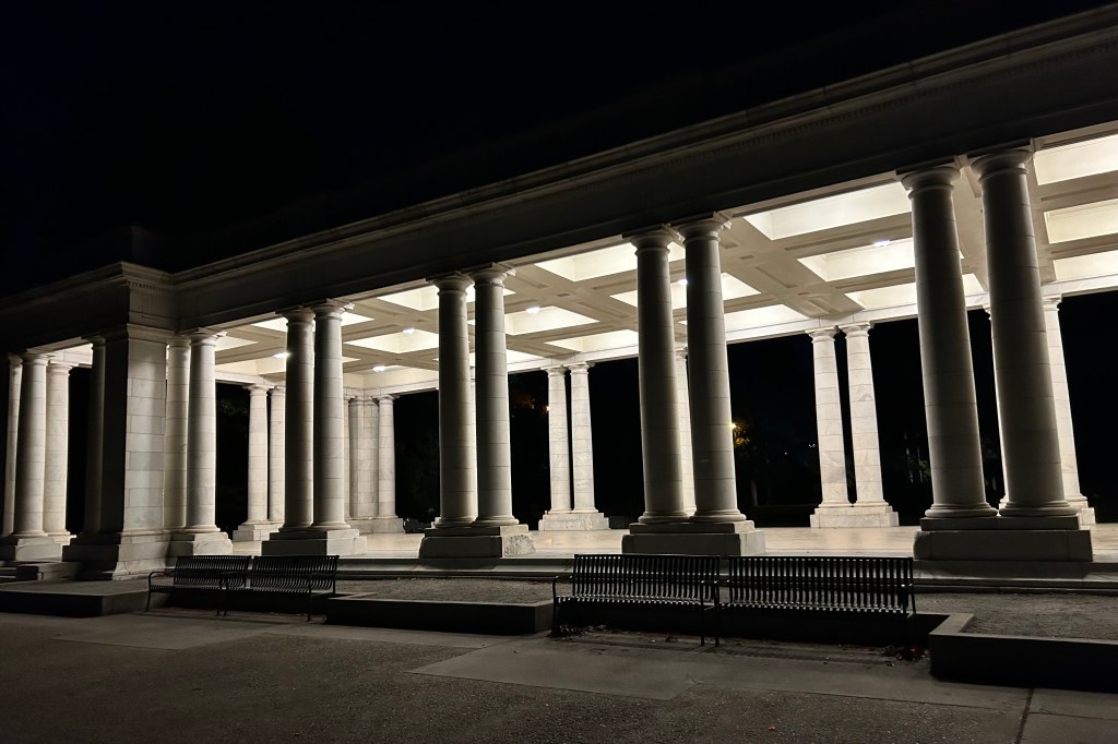 The Pavilion at Cheesman Park illuminated at night