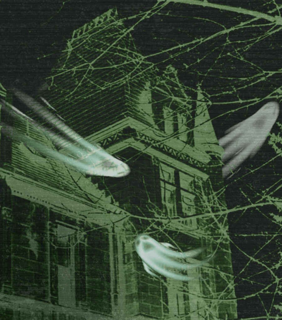 An old building with ghosts around it