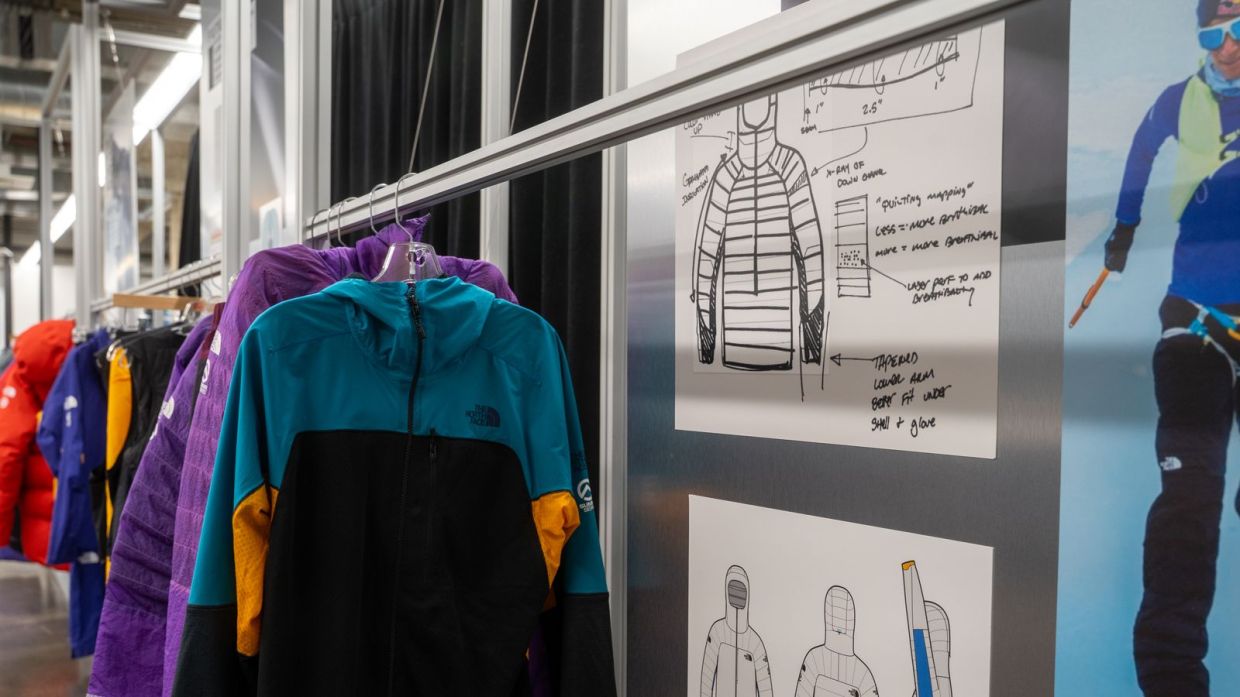 Sketches and prototype jacket models at The North Face innovation lab