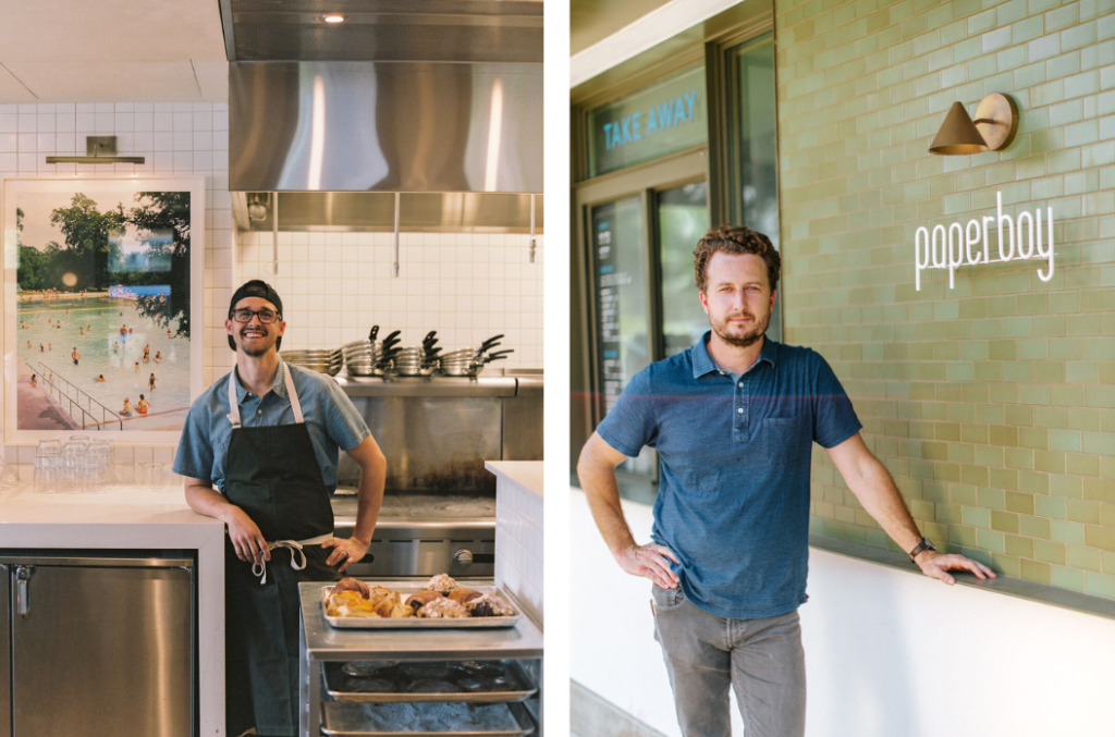side by side photos of a chef and a man posing next to a "paperboy" sign