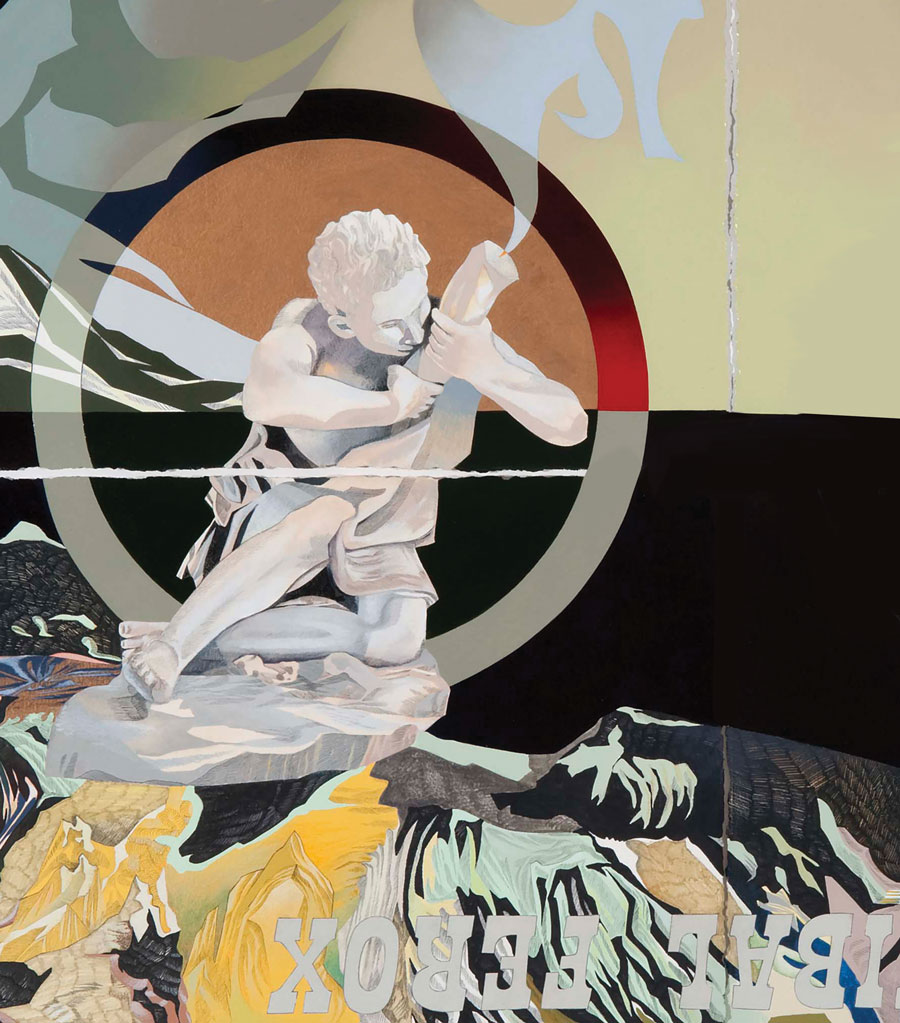 A painting of a statue eating a leg