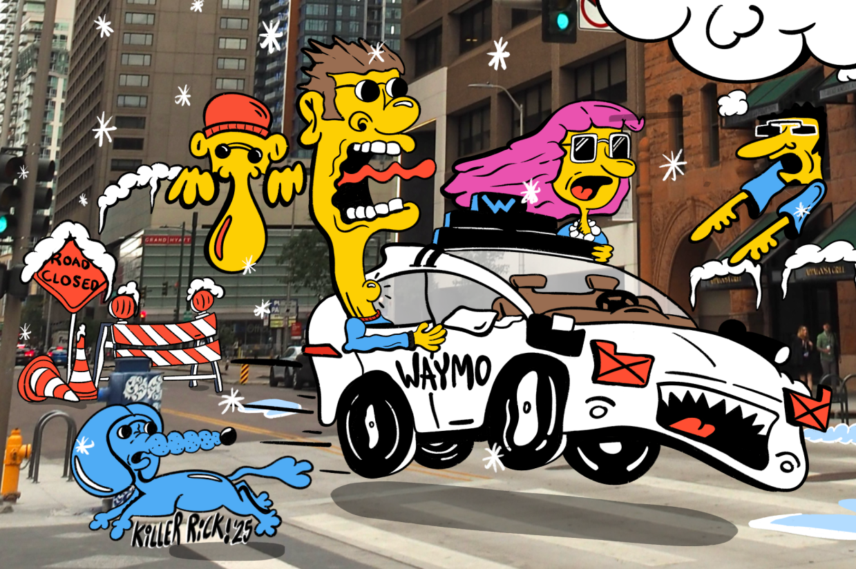 cartoon of a waymo car driving through Denver