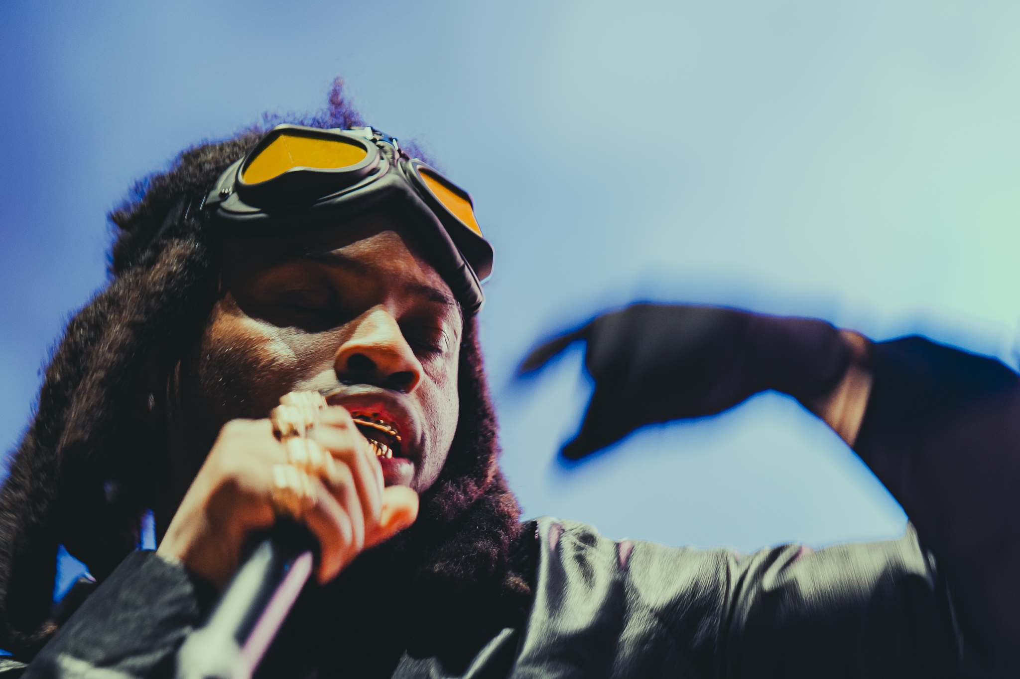 A photo showing Denzel Curry on stage at Red Rocks on October 31 for Halloween on the Rocks.