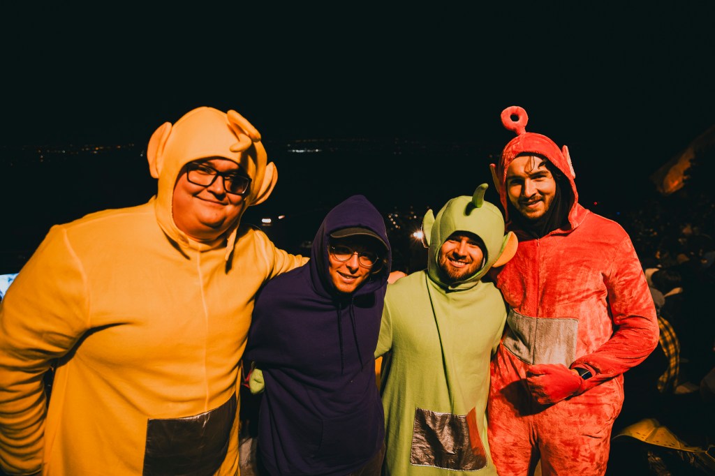 A photo showing concertgoers dressed as Teletubbies.