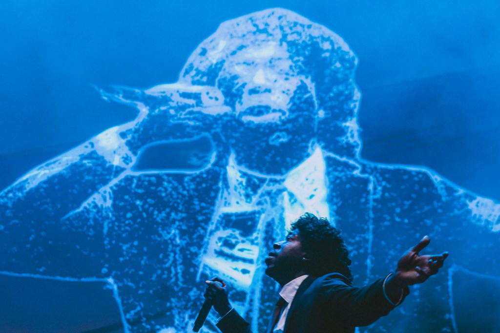 Freddie Gibbs on stage at Red Rocks on October 31 for Halloween on the Rocks.
