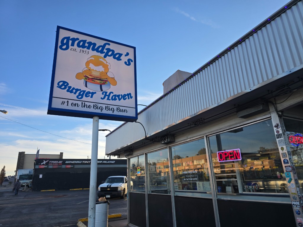 "Grandpa's Burger Haven" sign