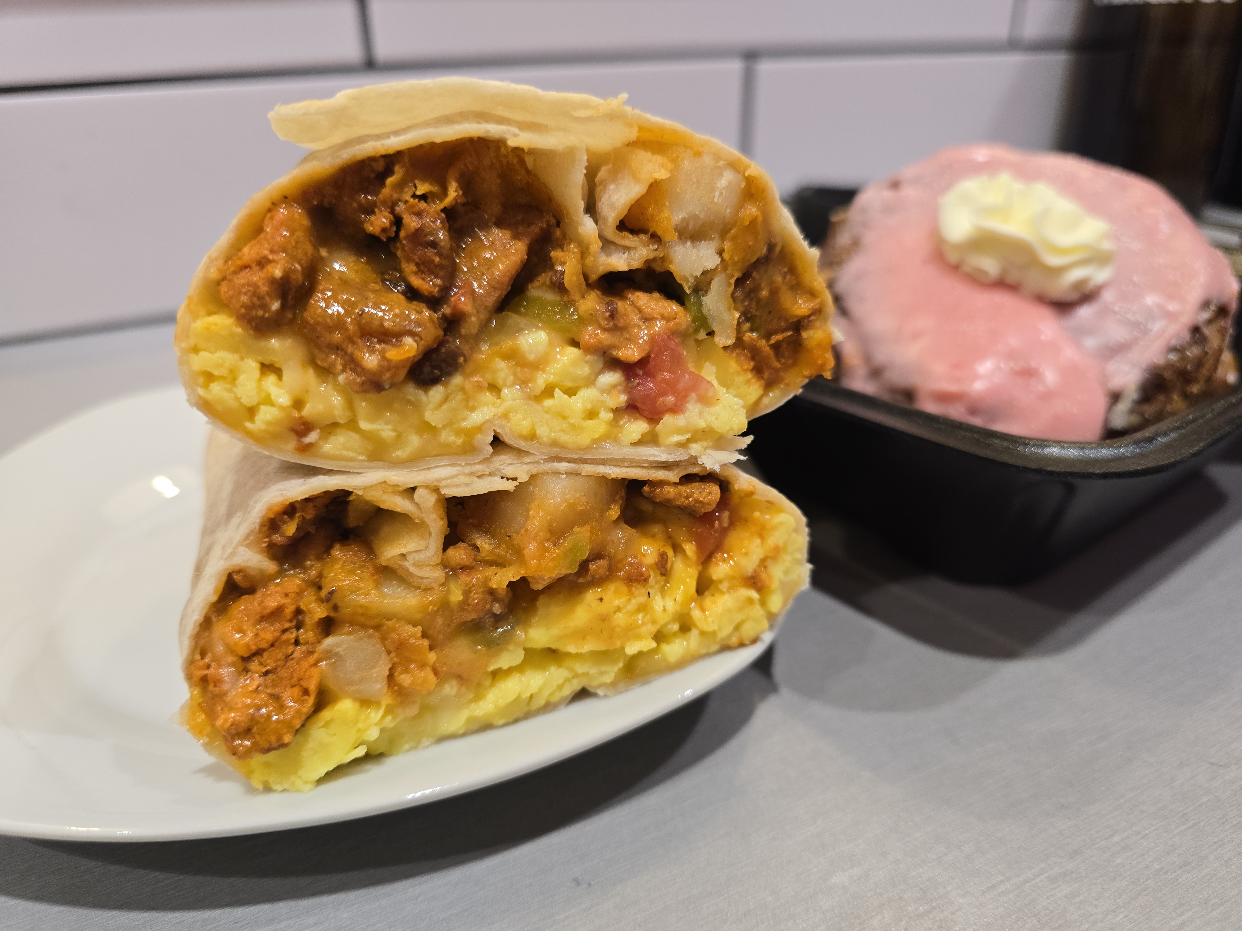 breakfast burrito and a donut