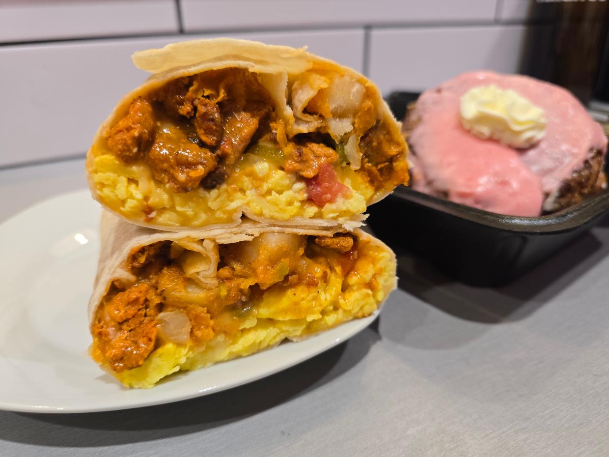 breakfast burrito and a donut