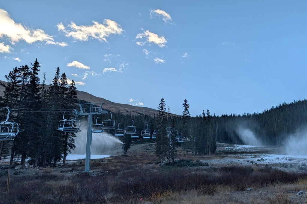 Snow machines firing beneath Lift 7 in Loveland Valley