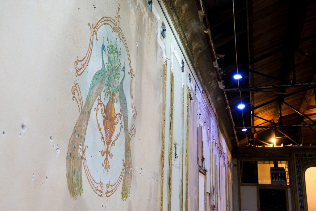 A wall with a peacock mural