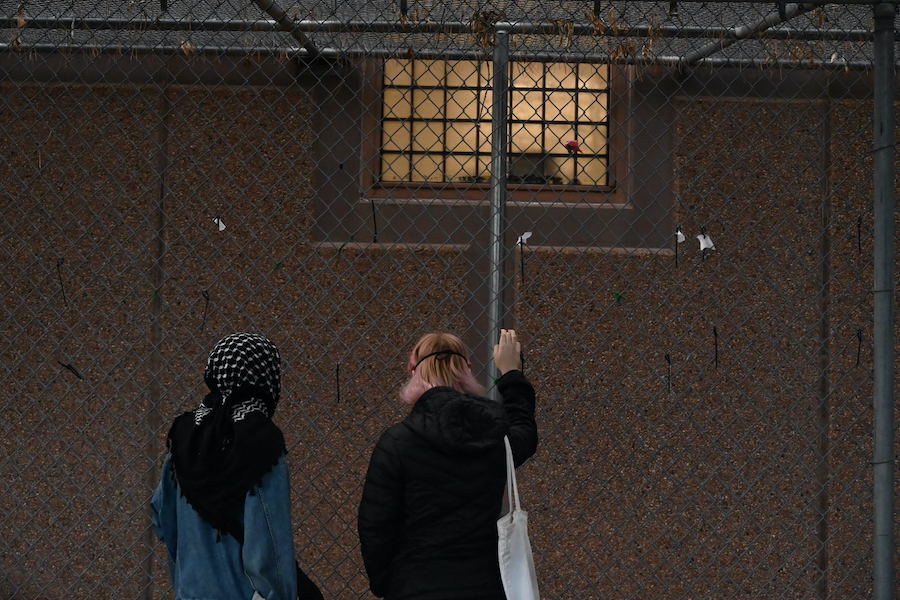 Unnamed activists look towards detained immigrant.