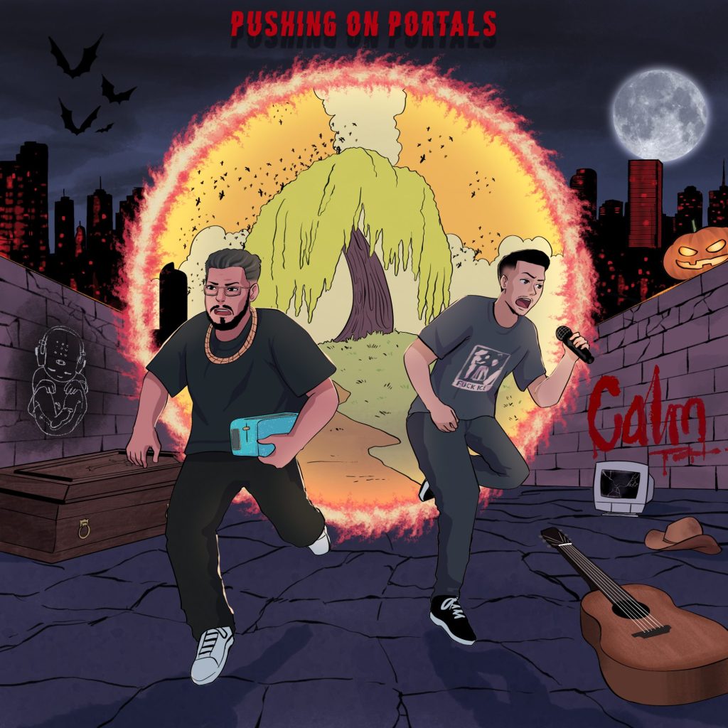 drawing of two men running from a portal