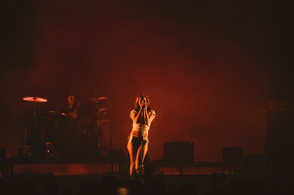 Wet Leg frontwoman Rhian Teasdale on stage at Mission Ballroom in Denver, Colorado.