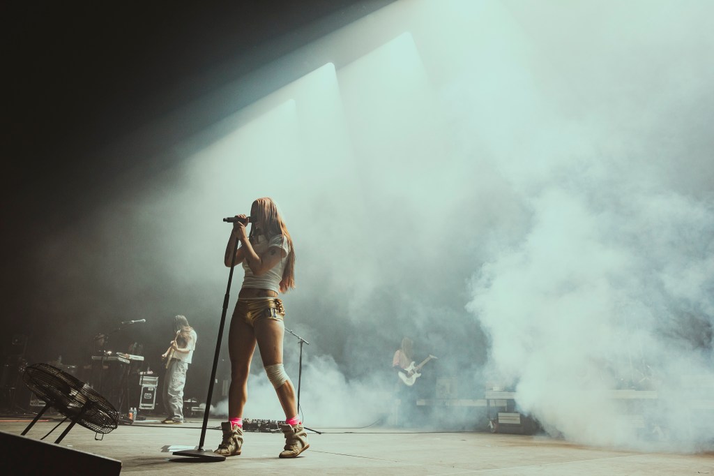 Wet Leg frontwoman Rhian Teasdale on stage at Mission Ballroom in Denver, Colorado.