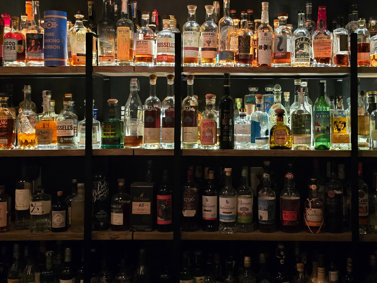 liquor bottles on a shelf