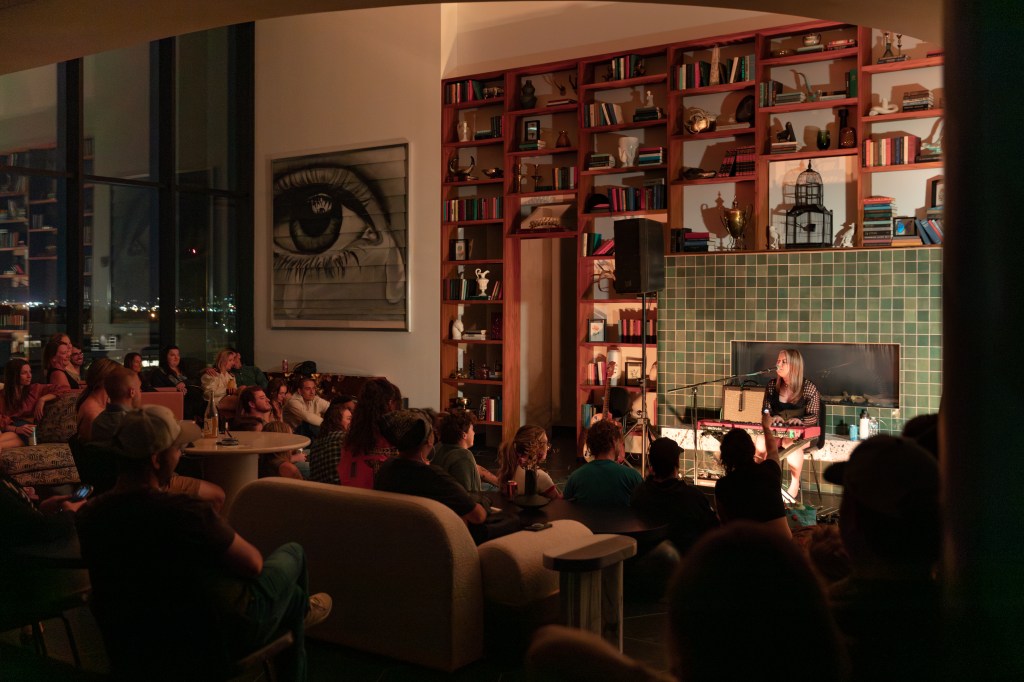 People sit at an event