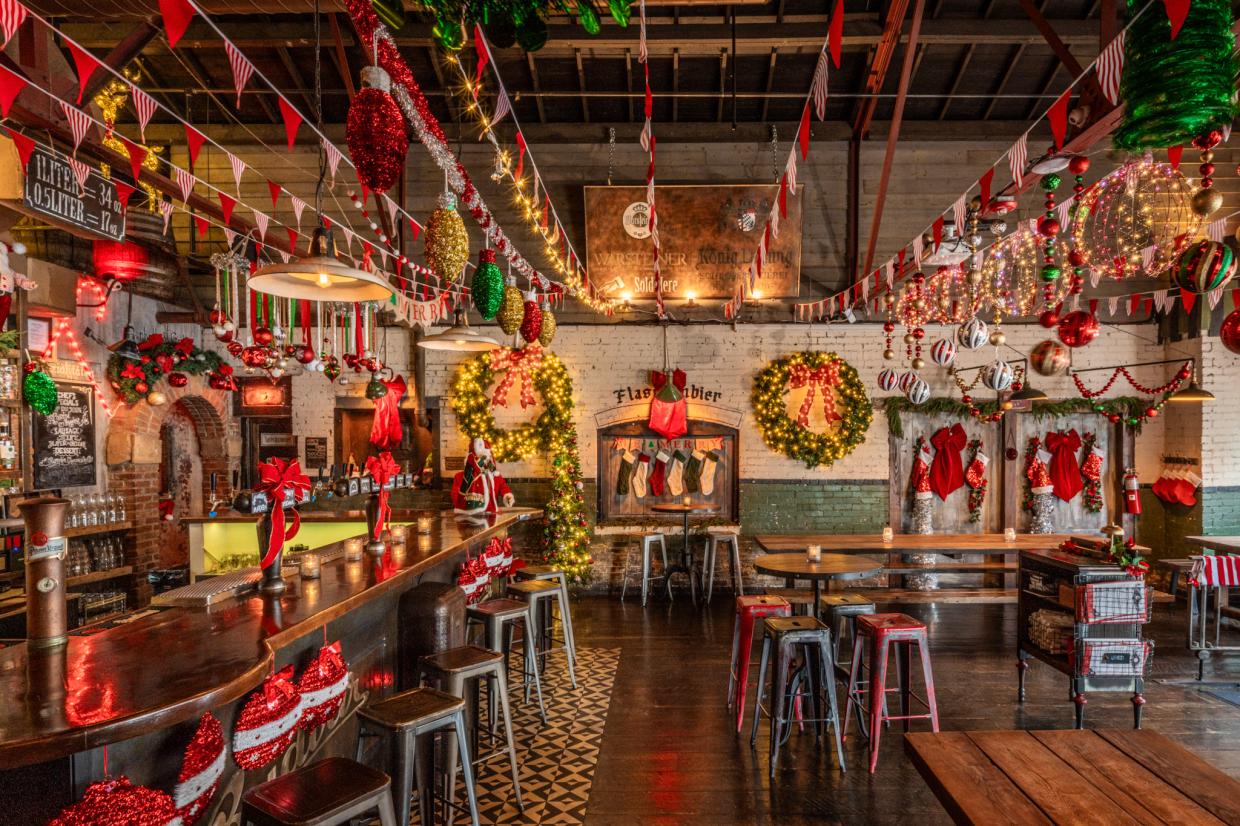 bar decorated for Christmas