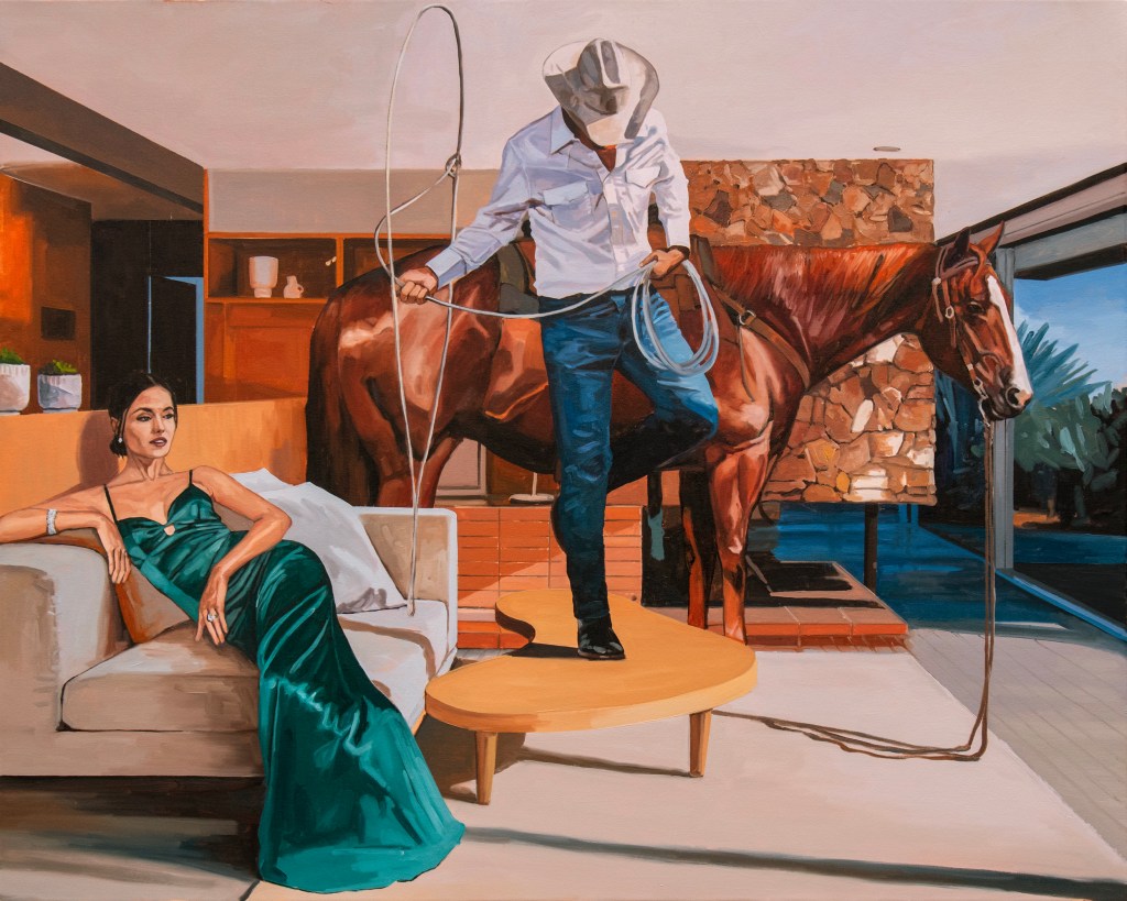 Painting of a man with a horse using his lasso in the middle of a living room