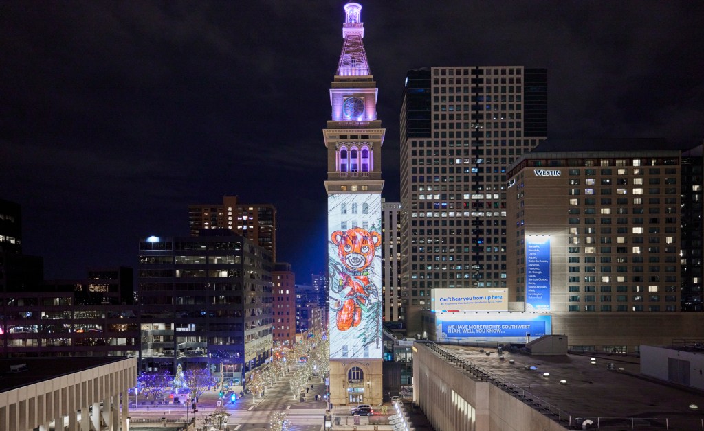 Tower with animated winter images on it.