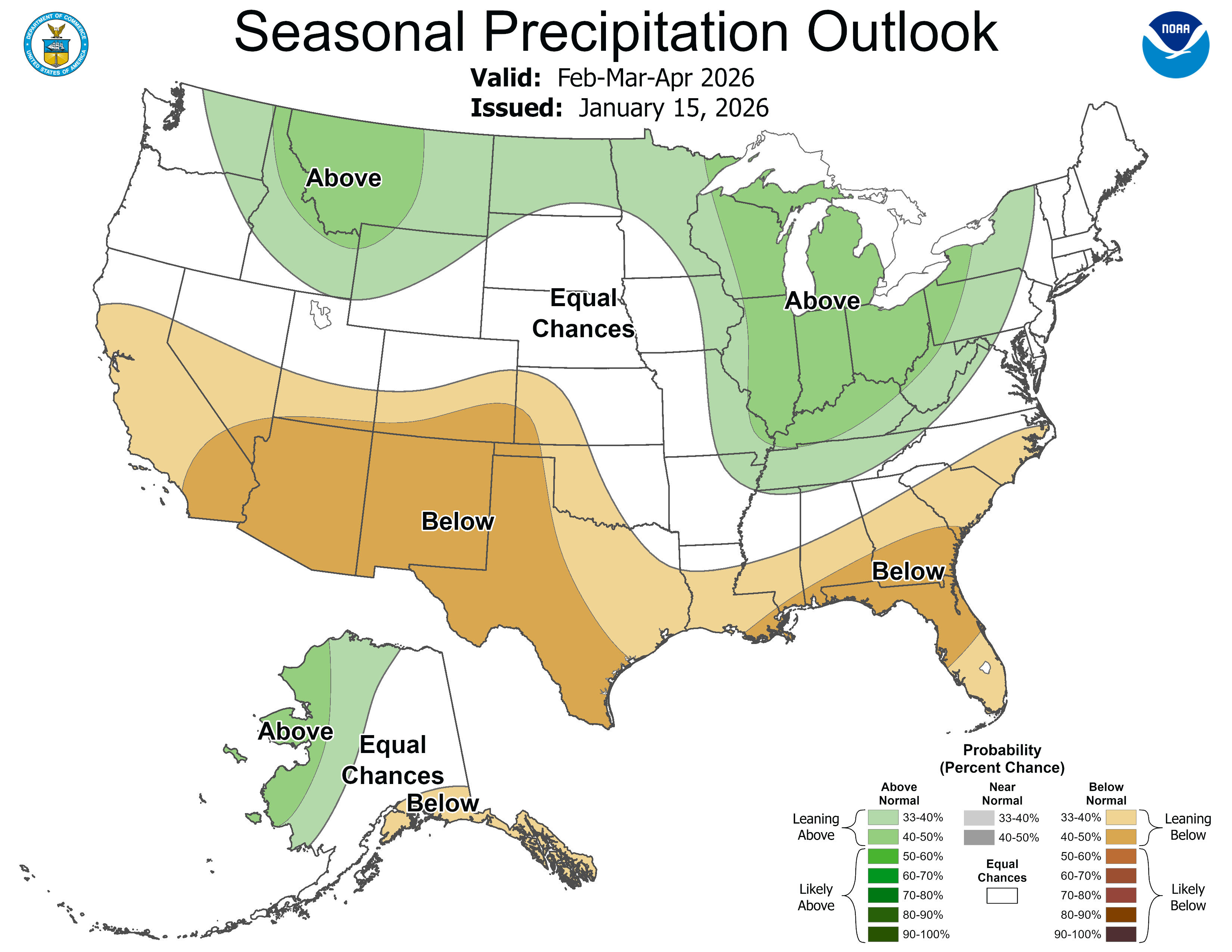 NOAA's national precipitation forecast for February, March and April.