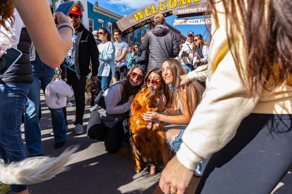 Women taking a group picture with a golden retriever during the annual Golden's in Golden event.
