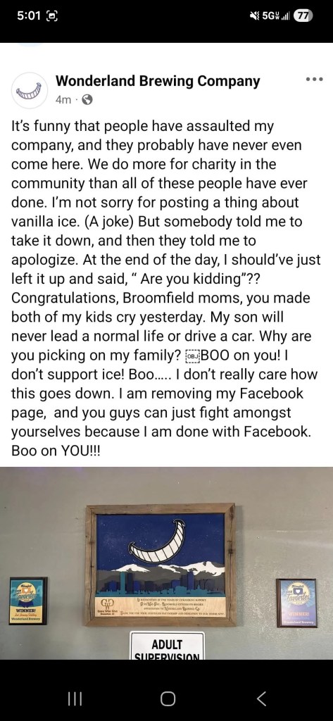 Screenshot of Wonderland Brewing's Facebook post