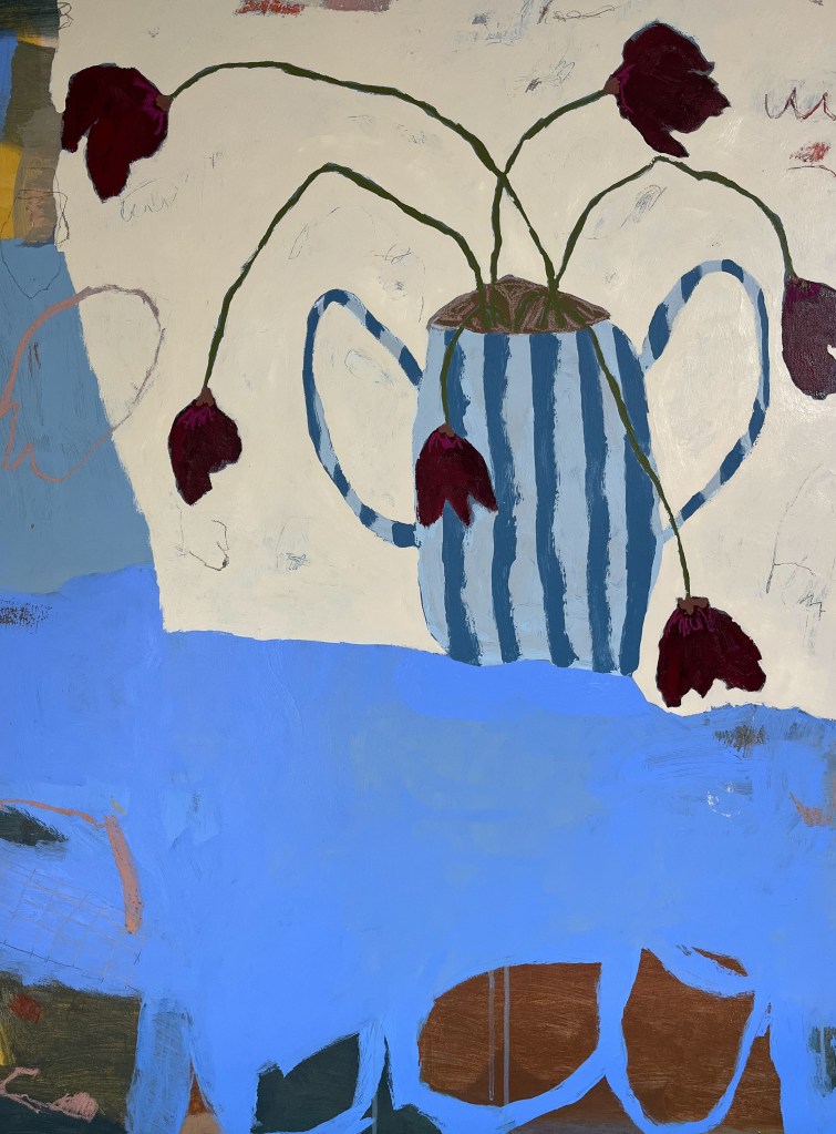 A painting of flowers in a striped vase