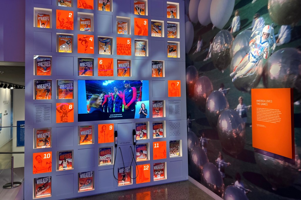 Orange Wheaties cereal boxes on display at the US Olympic and Paralympic Museum
