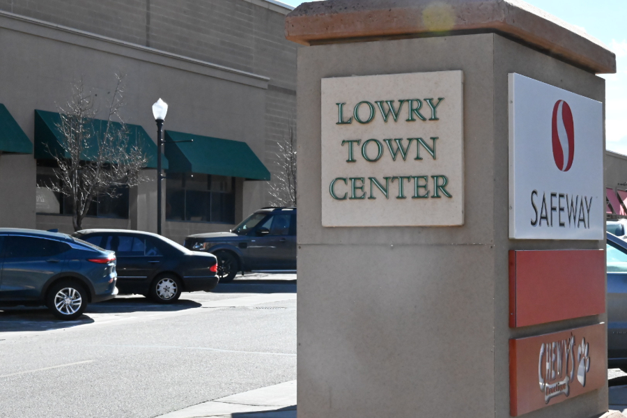 A sign welcoming drivers to the Lowry Town Center business park in Denver.