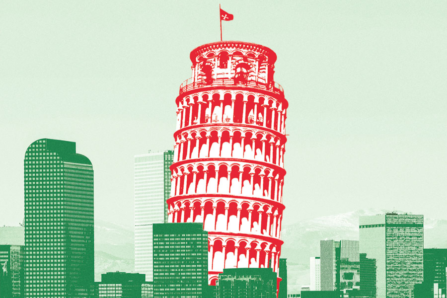 The Leaning Tower of Pisa set among Denver's skyline, next to the cash register building