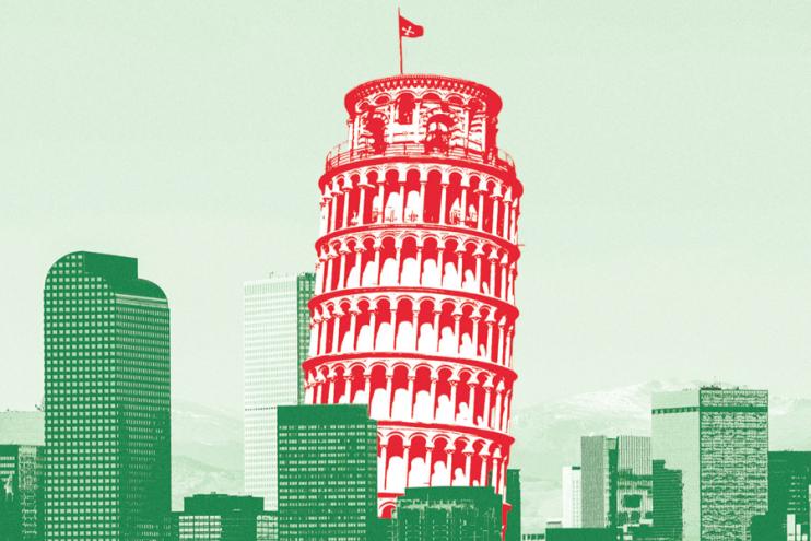 The Leaning Tower of Pisa set among Denver's skyline, next to the cash register building