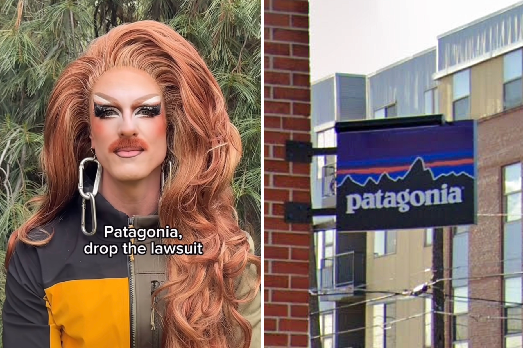 side-by-side photos Pattie Gonia and a patagonia store in denver