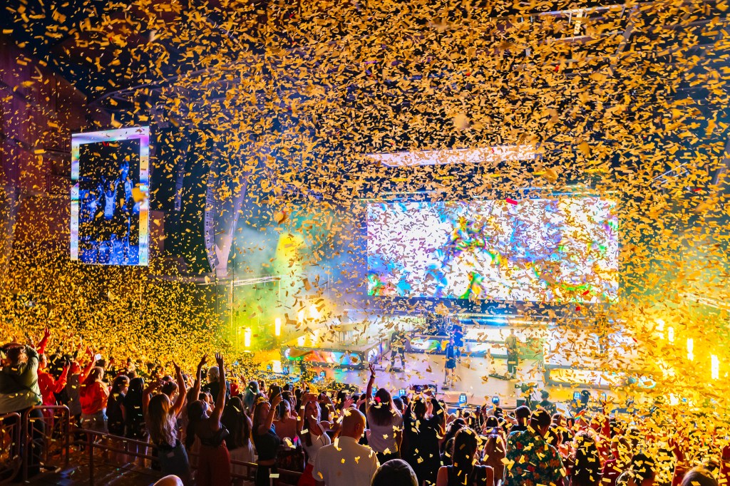Confetti falls as Louis Tomlinson performs live at Red Rocks on Friday, June 19.