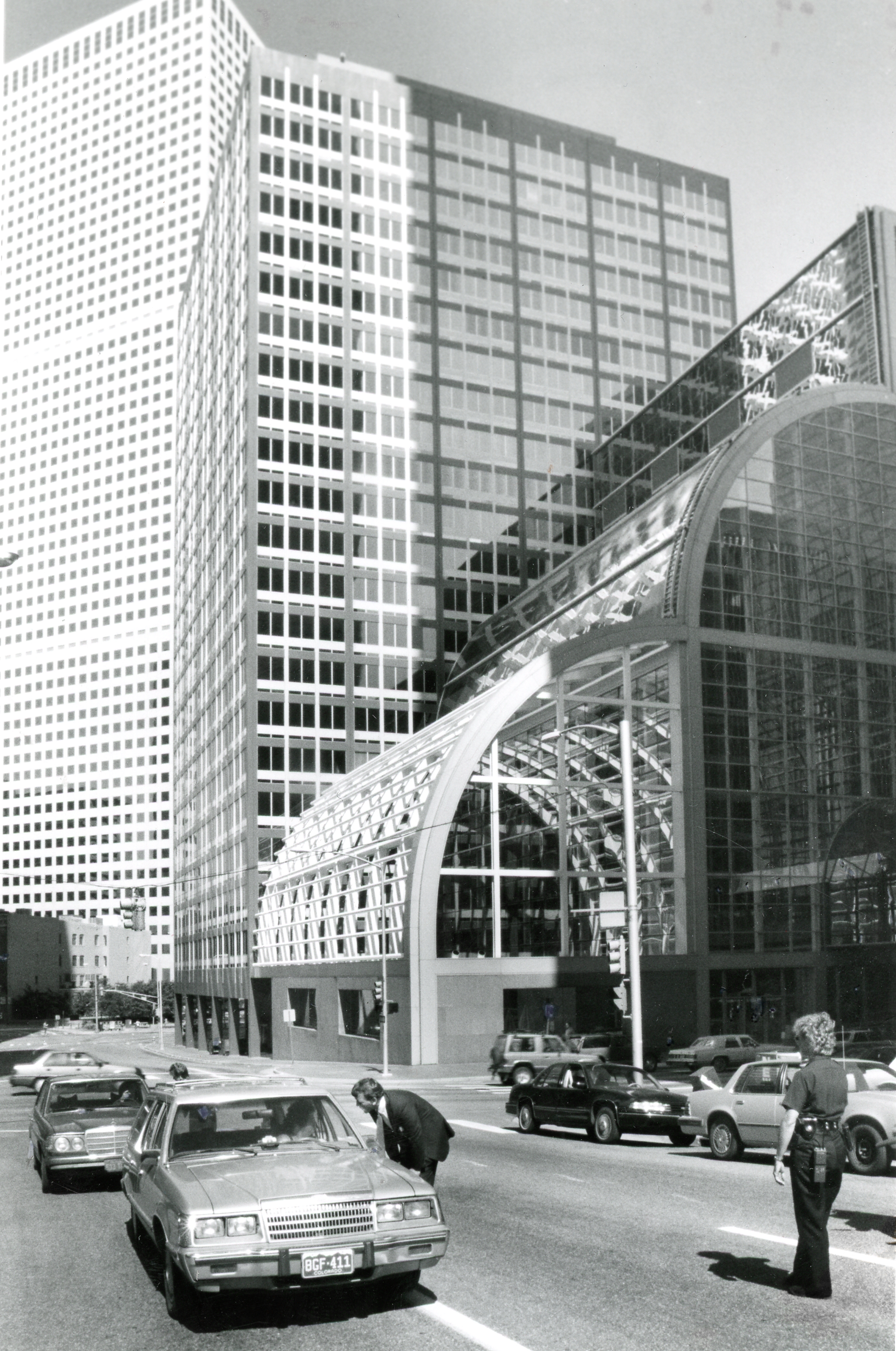 1980s photo of the base of the United Bank Tower at 1700 Lincoln St., now called the Wells Fargo Center.