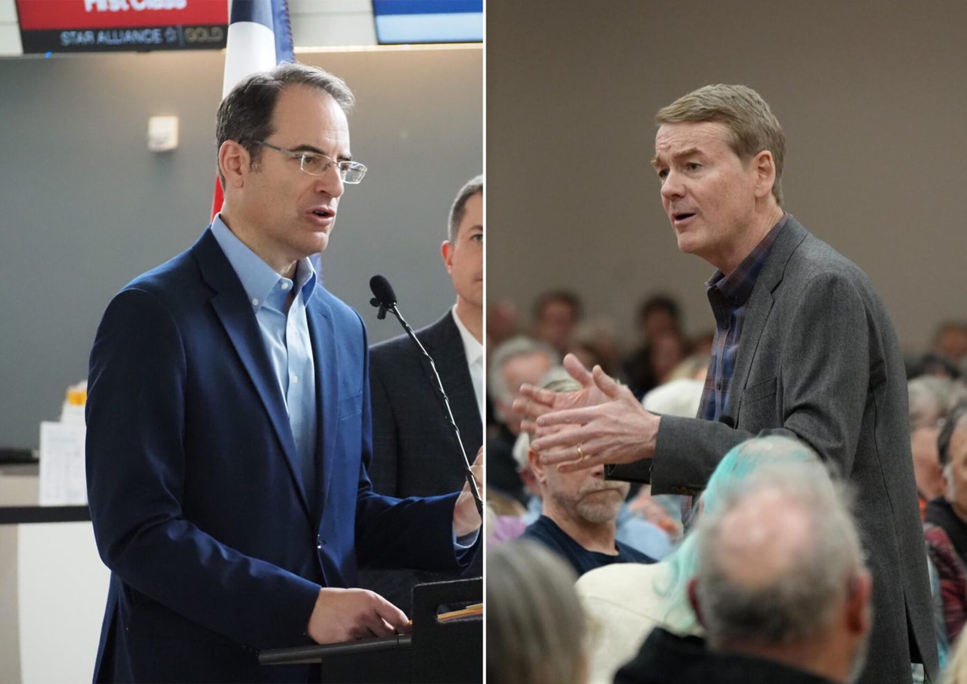 Left: Colorado Attorney General Phil Weiser speaks on April 16, 2024 at Denver International Airport. Right: U.S. Sen. Michael Bennet of Colorado speaks during a town hall in Greeley on March 18, 2025. (Photos by